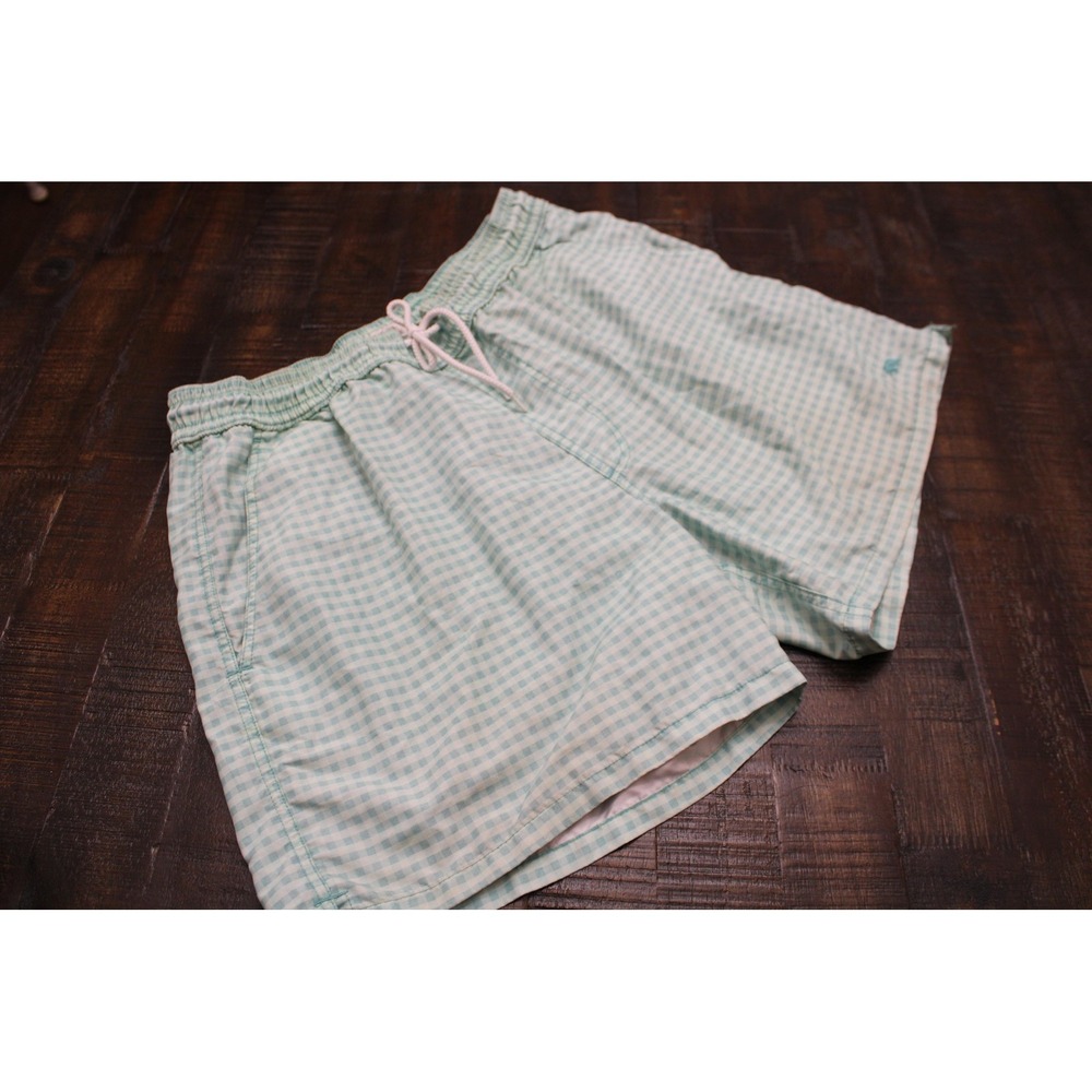 Onward Reserve Shorts Mens Medium Green Gingham Swim Trunks Lined Drawstring